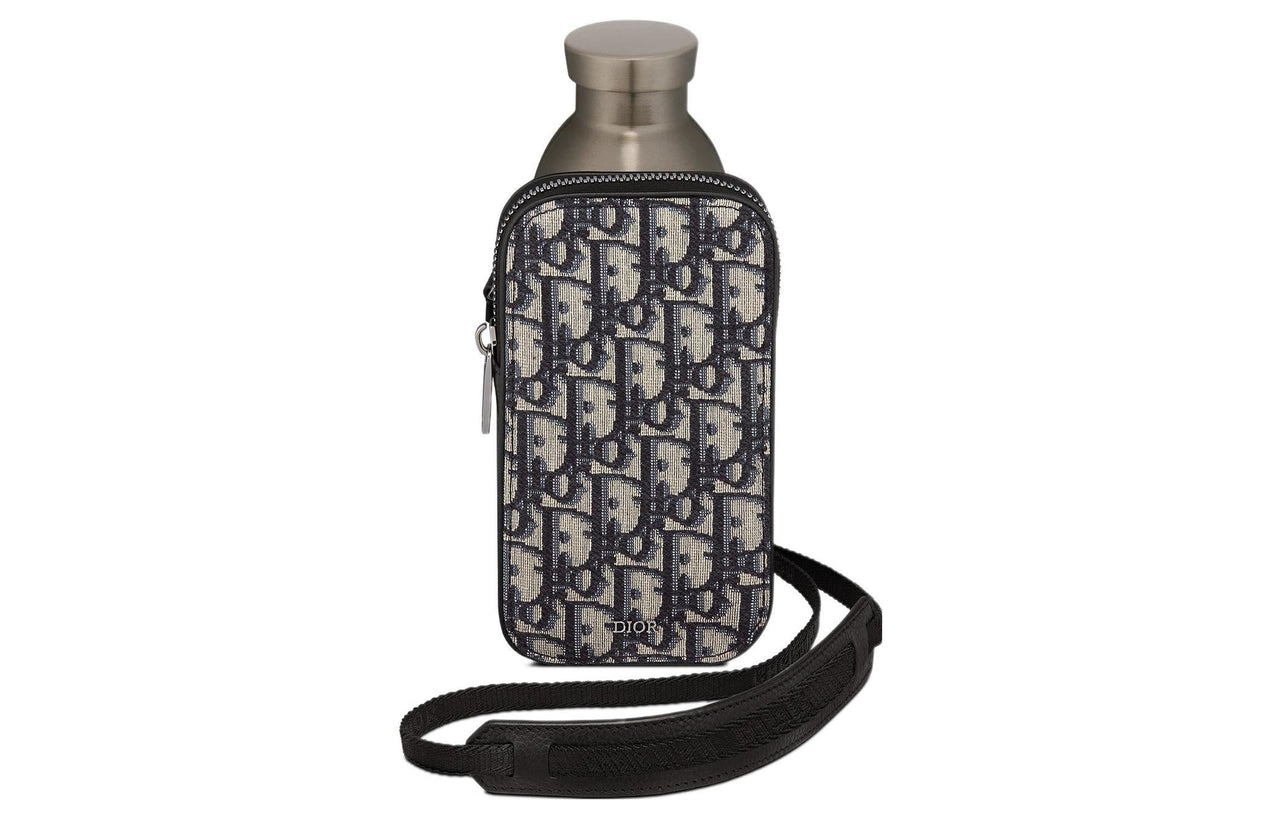 DIOR Aqua Black Grained Cow Leather With Oblique Printed Fabric Cell Phone Pouch Unisex Beige/Black