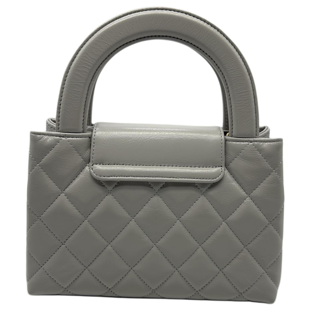 CHANEL Shiny Calfskin Handbag Mini Women's Light Gray
