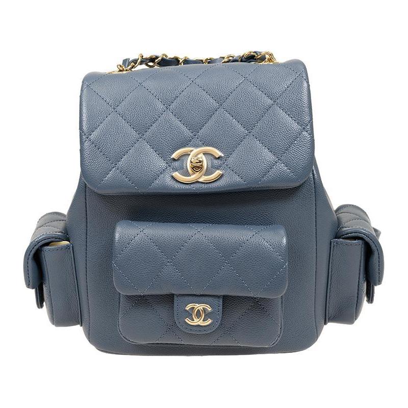 CHANEL Grained Cow Leather Backpack Large Size Women's Gray Blue