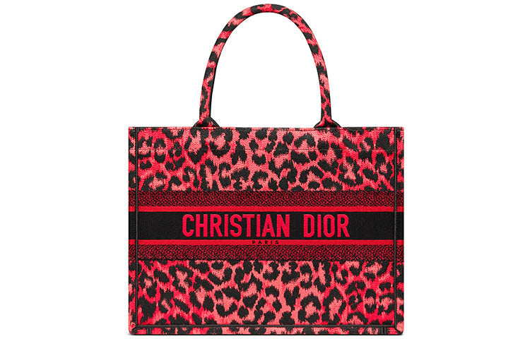 DIOR BookTote Embroidered Leopard Print Tote One Shoulder Handbag Small Size Women's Overripe Plum Color