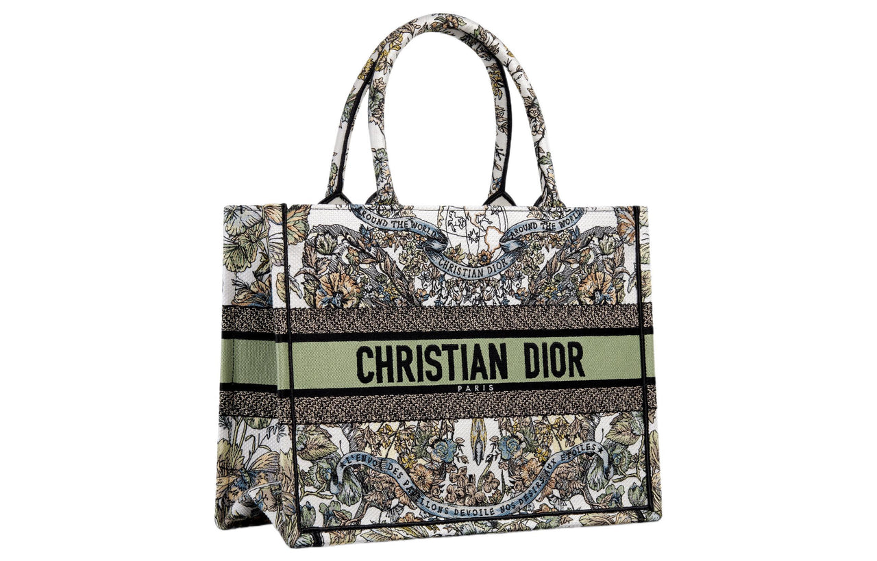DIOR BookTote Embroidery Tote Bag Shopping Bag Handbag Medium Size Women's White & Multicolor
