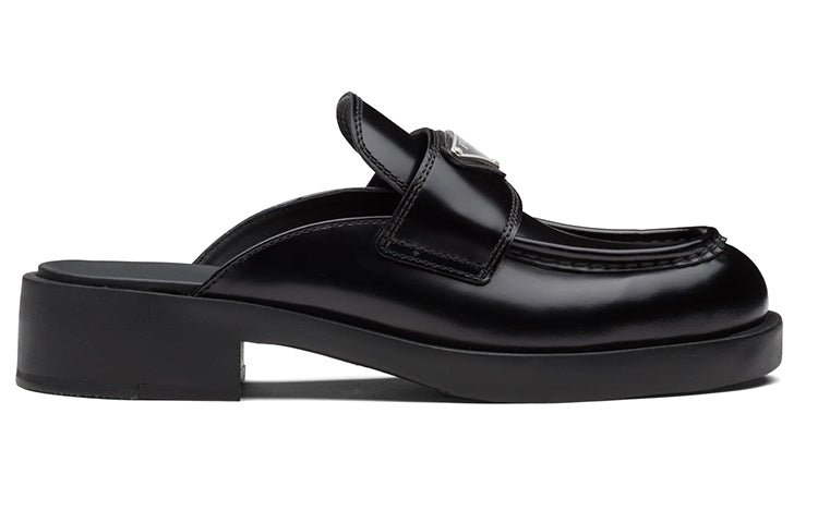 PRADA Chocolate Brushed Leather Mules 'Black' Women's