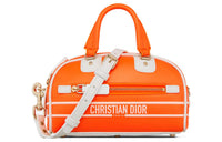 DIOR Smooth Cow Leather Bowling Bag, Handbag, Shoulder Bag, Crossbody Bag Mini Women's Neon Orange/White