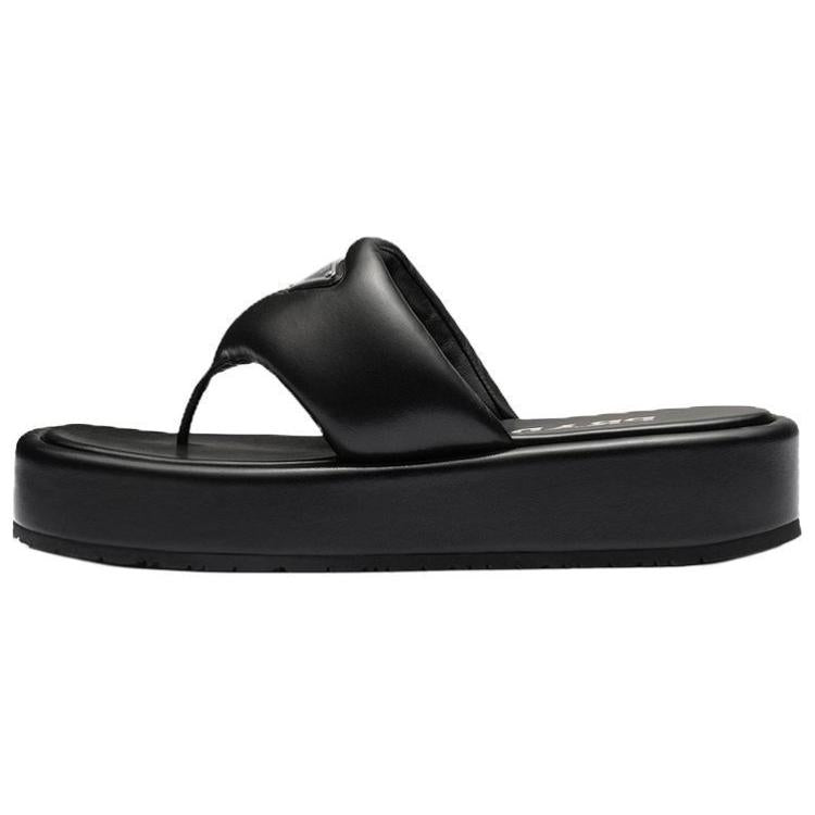 PRADA Soft Padded 35mm Thong Wedge Sandals Black Nappa Leather Women's
