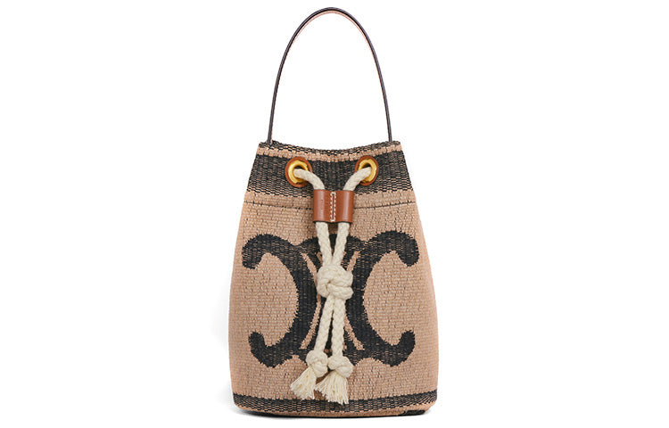 CELINE Cow Leather With Fabric Bucket Bags One Shoulder Handbags Women's Beige & Black