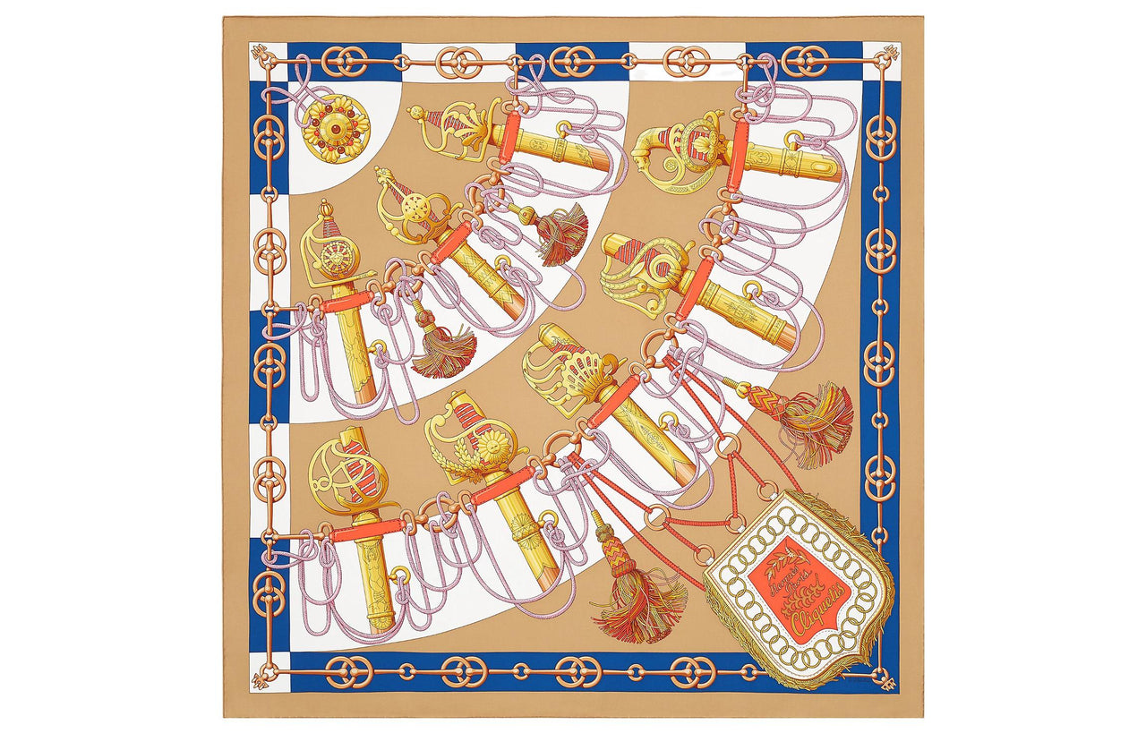 HERMES Silk Scarves Women's Camel/Indigo/Antique Gold