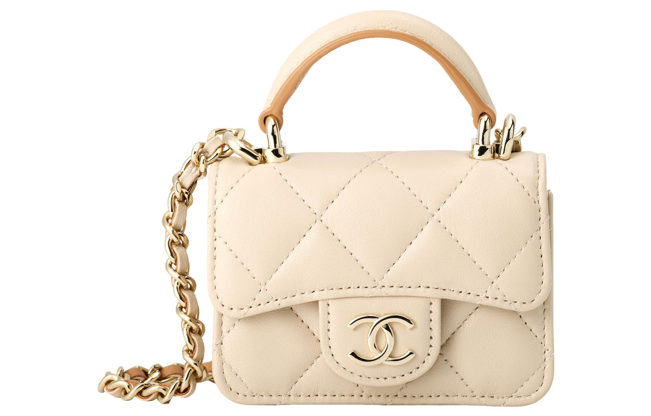 CHANEL Sheepskin Coin Purse, Mini Bag, Handbag, Shoulder Bag, Crossbody Bag Mini Women's Beige, Brown & Multicolor