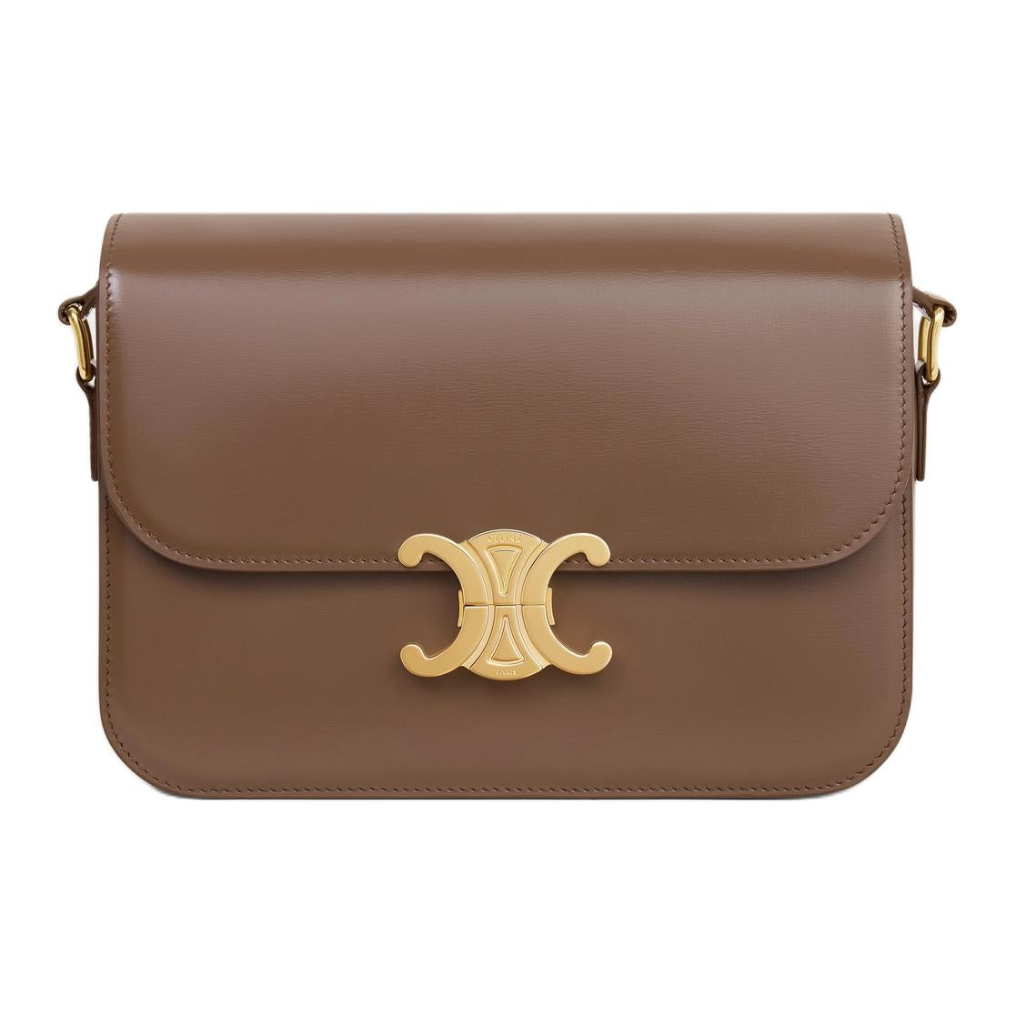 CELINE Calfskin Shoulder Bag Crossbody Bag Regular Women's Glazed Surface Brown