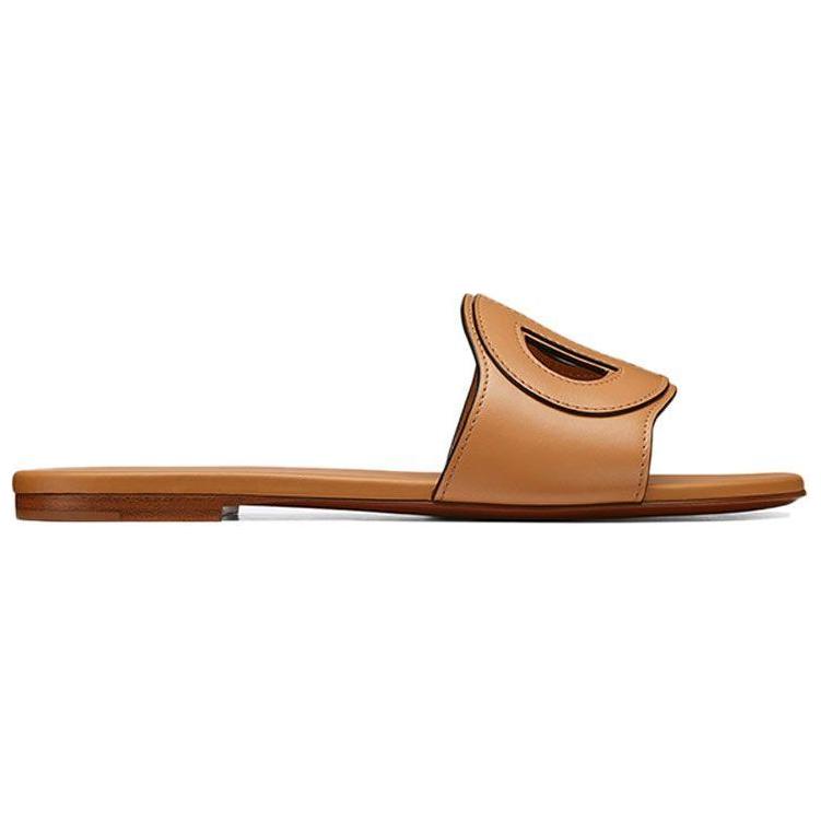 DIOR D Club Genuine Leather Sole Abrasion Resistant Slide Slippers Women's Camel