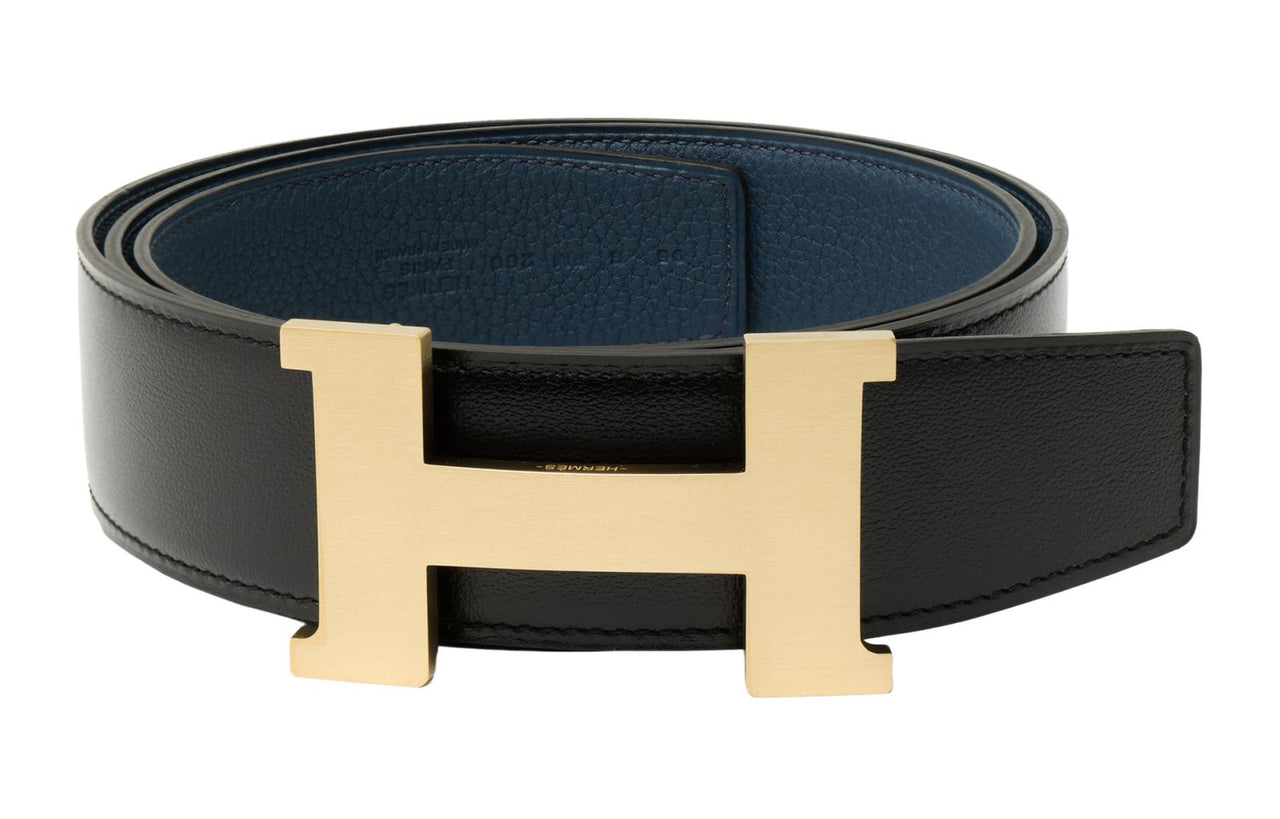 HERMES Togo Calfskin Double-Sided Leather Belt Leather Belts Men's Black/Prussian Blue Width: 3.8cm