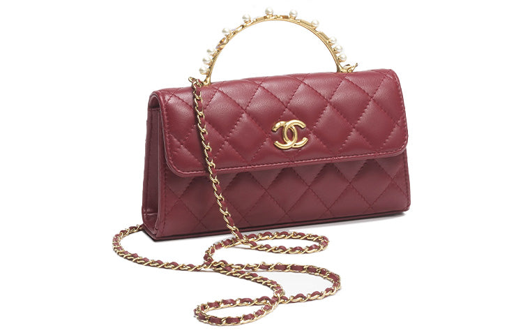 CHANEL Lambskin Cell Phone Pouch Handbag Shoulder Bag Crossbody Bag Women's Burgundy