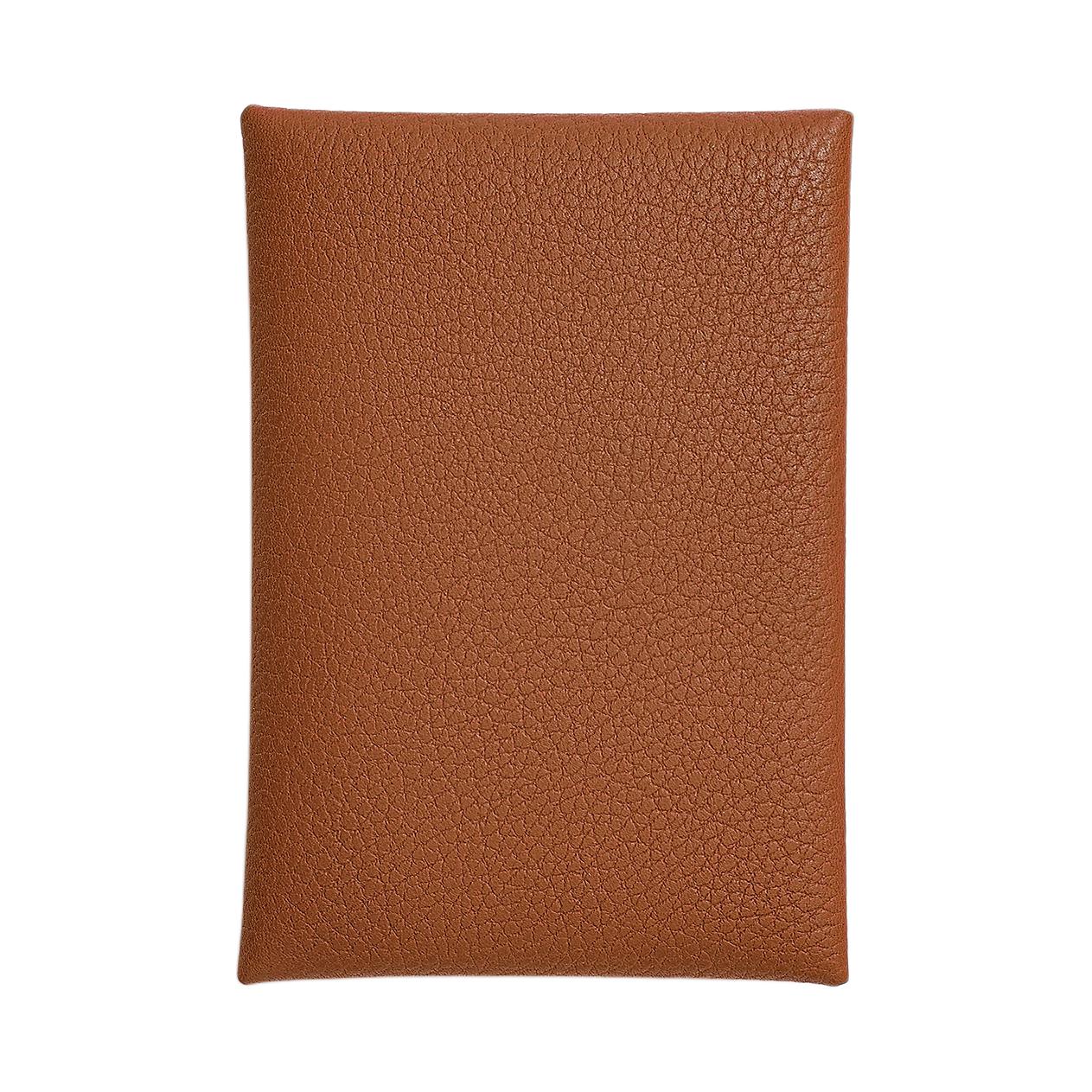 HERMES Calvi Duo Barenia Faubourg Calfskin Card Holder Women's 34 Fauve Light Tawny