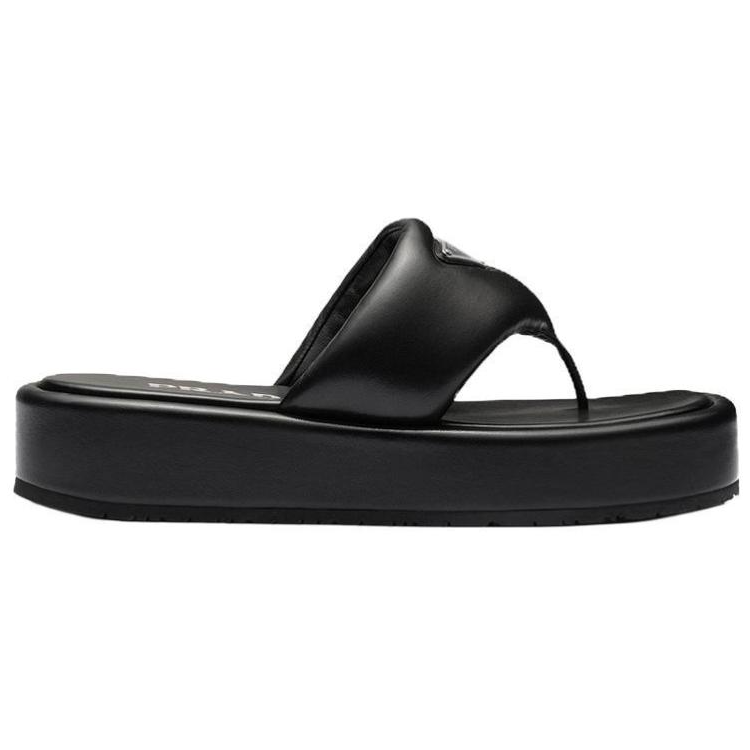 PRADA Soft Padded 35mm Thong Wedge Sandals Black Nappa Leather Women's