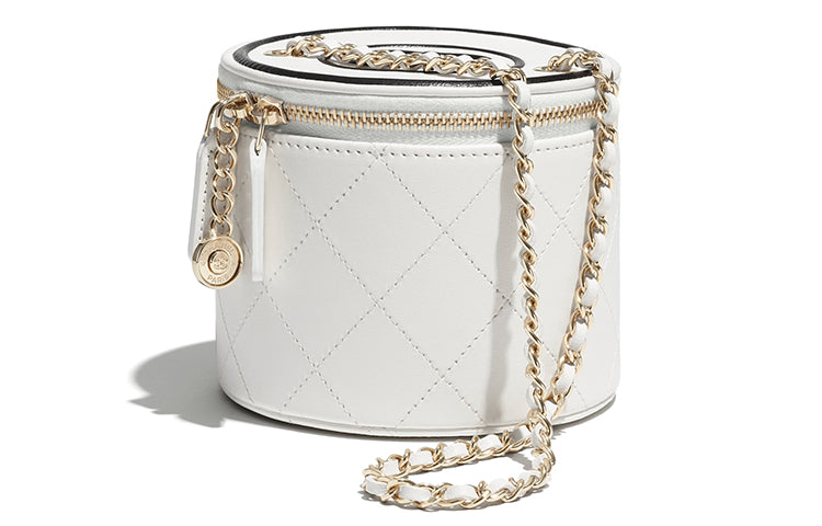 CHANEL Lambskin Round Bucket Bag One Shoulder Handbag Women's White