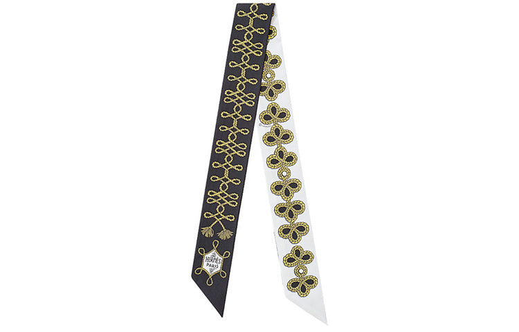 HERMES Small Silk Scarves Women's Black White Gold