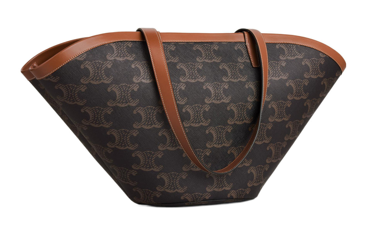 CELINE Couffin Canvas With Leather Binding Tote Bag Shopping Bag Handbag Large Size Women's Tan