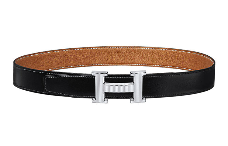 HERMES H Stripes Silver Buckle Togo Calfskin Double Sided Leather Belt Unisex Black/Silver Width 3.2cm