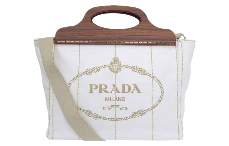 PRADA Canvas With Wood One Shoulder Canvas Bag Handbag Women's White