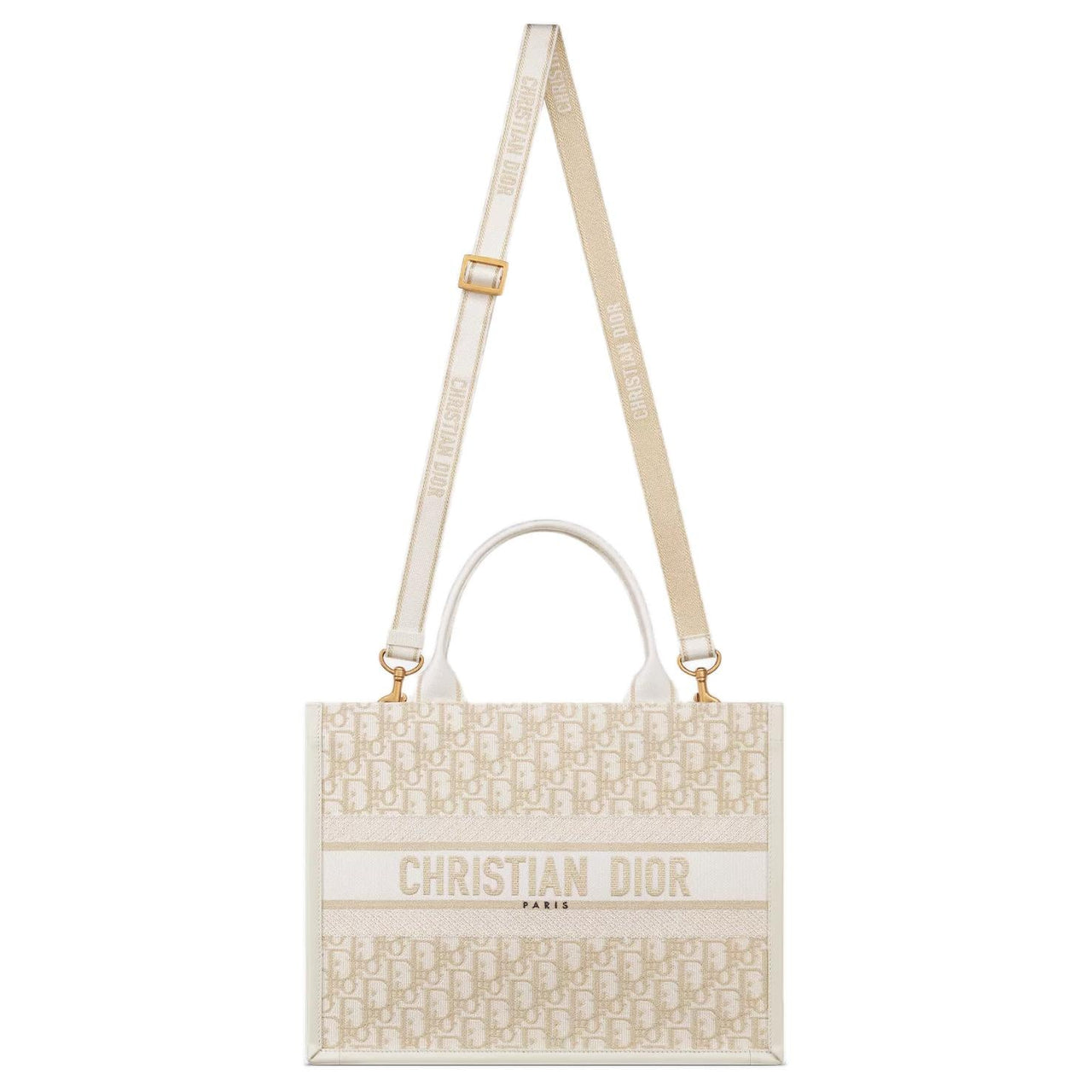 DIOR BookTote Handbag Oblique Print Fabric Cotton Women's White Gold