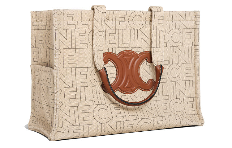 CELINE Cabas Arc De Triomphe Fabric With Calfskin Tote Shopping Bag One Shoulder Handbag Large Size Women's Natural