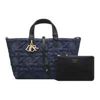 DIOR Fabric Cow Leather Patchwork Handbag Medium Size Women's Blue