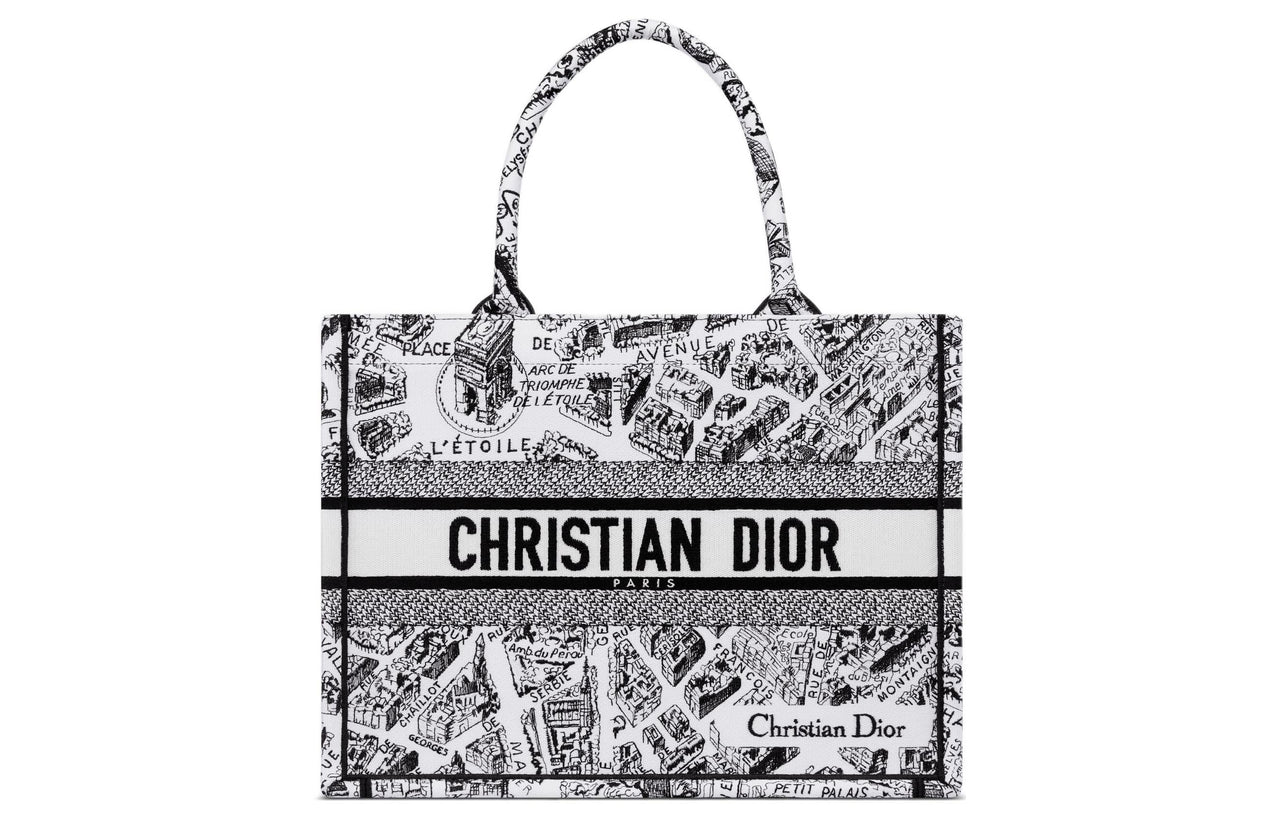 DIOR BookTote Embroidery Tote Bag Shopping Bag Handbag Medium Size Women's White/Black
