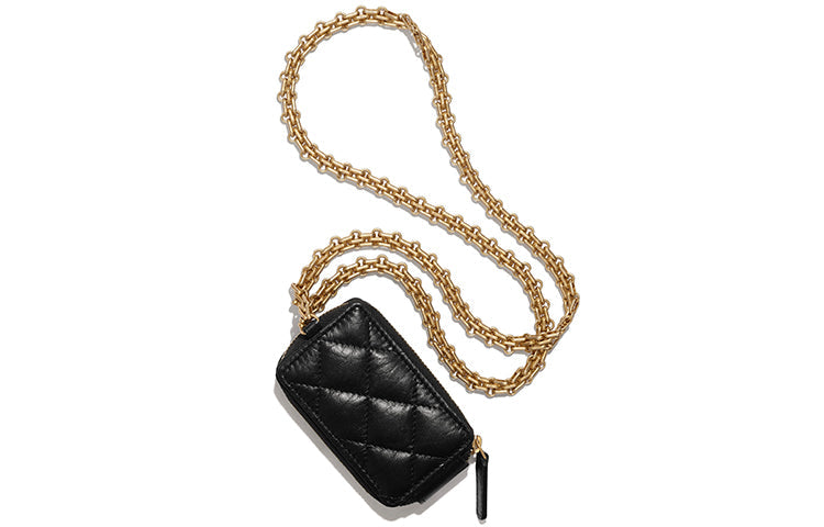 CHANEL 2.55 Cow Leather Slogan Bag Necklace Pouch Regular Unisex Black