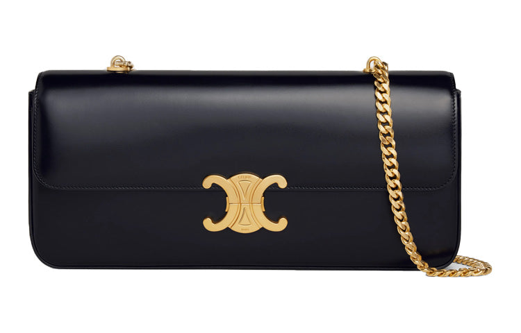 CELINE Triomphe Shiny Cow Leather Chain Bag, Shoulder Bag, Handbag Regular Women's Black