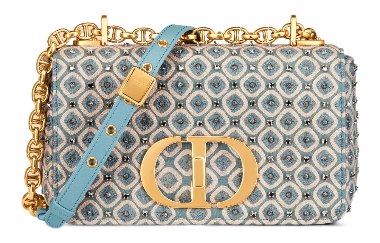 DIOR Caro Embroidery Crossbody Bag Small Size Women's Sky Blue