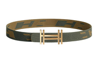 HERMES Block H Logo Gold Buckle Nylon Mesh Double-Sided Belt Men's Gray Green/Dark Green Brown Width: 3.2cm