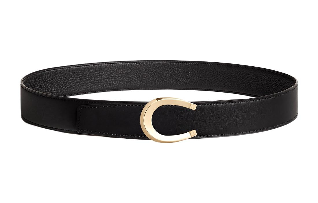 HERMES C-Shaped Double-Sided Smooth Buckle Leather Belts Men's Black Width: 3.8CM