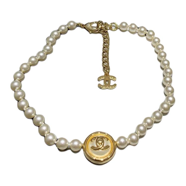 CHANEL Metal Resin Artificial Pearls Necklaces Unisex White