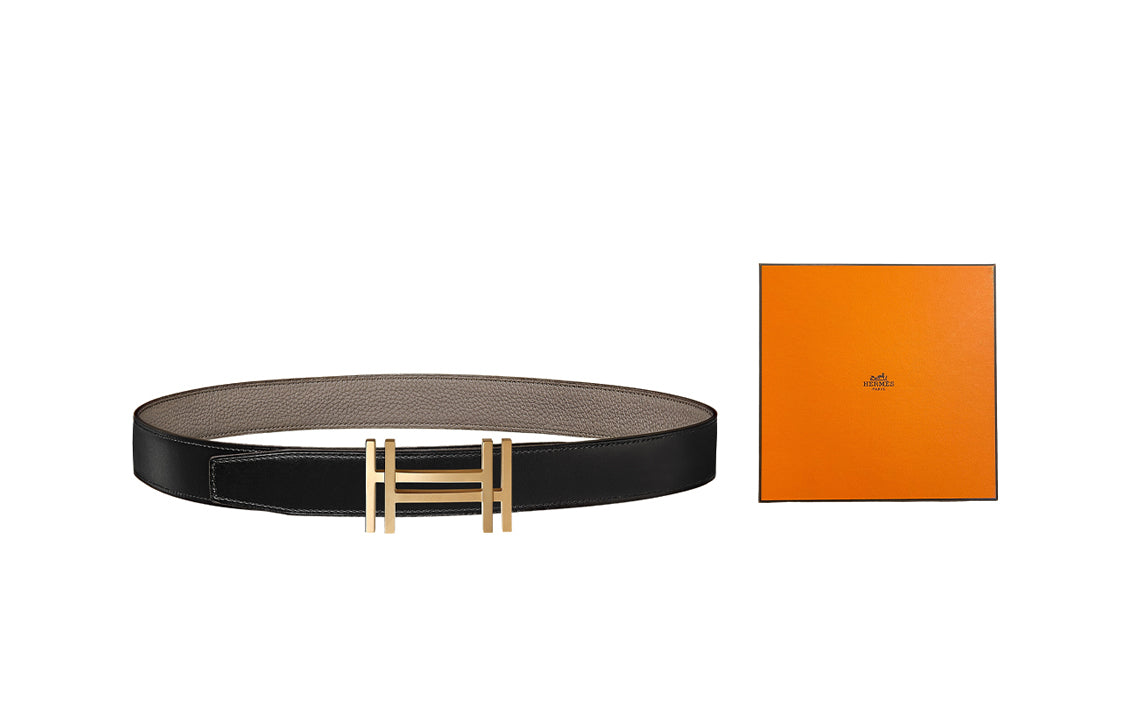HERMES Double H Gold Buckle Reversible Belt Men Black/Tin Grey