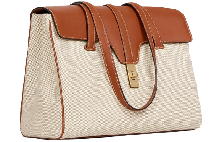 CELINE 16 Fabric And Cow Leather Handbag Shoulder Bags Medium Size Women's Khaki White