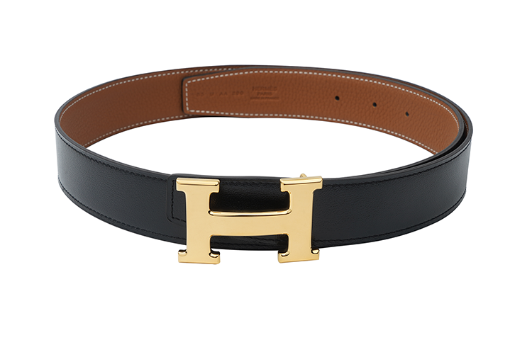 HERMES Togo Calfskin Leather Belts Men's Black/Gold Width: 3.2cm