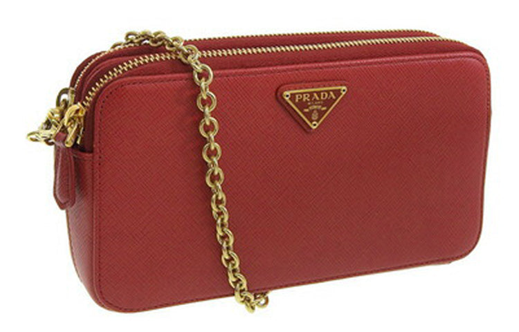 PRADA Cross-Stitch Leather Wallets Shoulder Bag Crossbody Bag Regular Women's Red