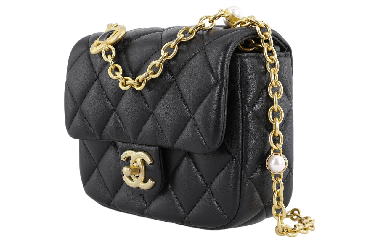 CHANEL Lambskin Flap Bag With Zip Closure Shoulder Bag Crossbody Bag Mini Women's Black