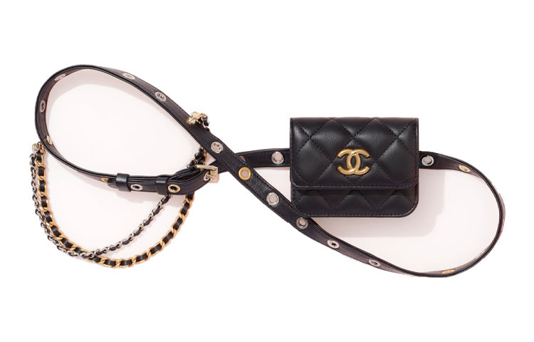 CHANEL 22c Early Spring Sheepskin Sling Bags One Shoulder Crossbody Fanny Pack Women's Black