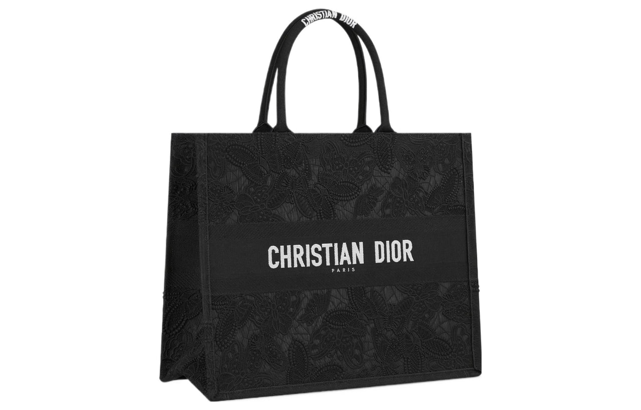 DIOR BookTote Embroidery Tote Bag Shopping Bag Handbag Large Size Women's Black