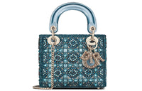 DIOR Lady Dior Metallic Calfskin And Satin Chain Handbag, Shoulder Bag, Crossbody Bag Mini Women's Klein Blue