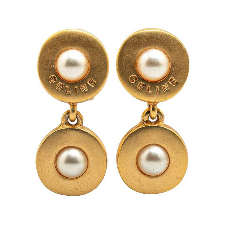 CELINE Artificial Pearl Clip-On Earrings Women's Gold