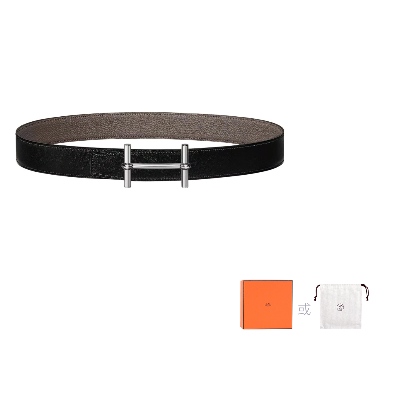 HERMES Togo Calfskin Double-Sided Leather Belt Leather Belts Women's Black/Tin Gray Width: 3.2cm