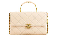 CHANEL Embossed Calfskin With Grains Handbag Shoulder Bag Crossbody Bag Small Size Women's Light Beige
