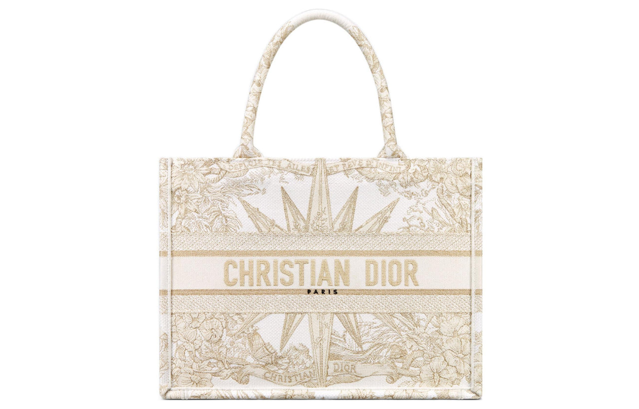 DIOR BookTote Embroidery Tote Bag Shopping Bag Handbag Medium Size Women's Light Gold