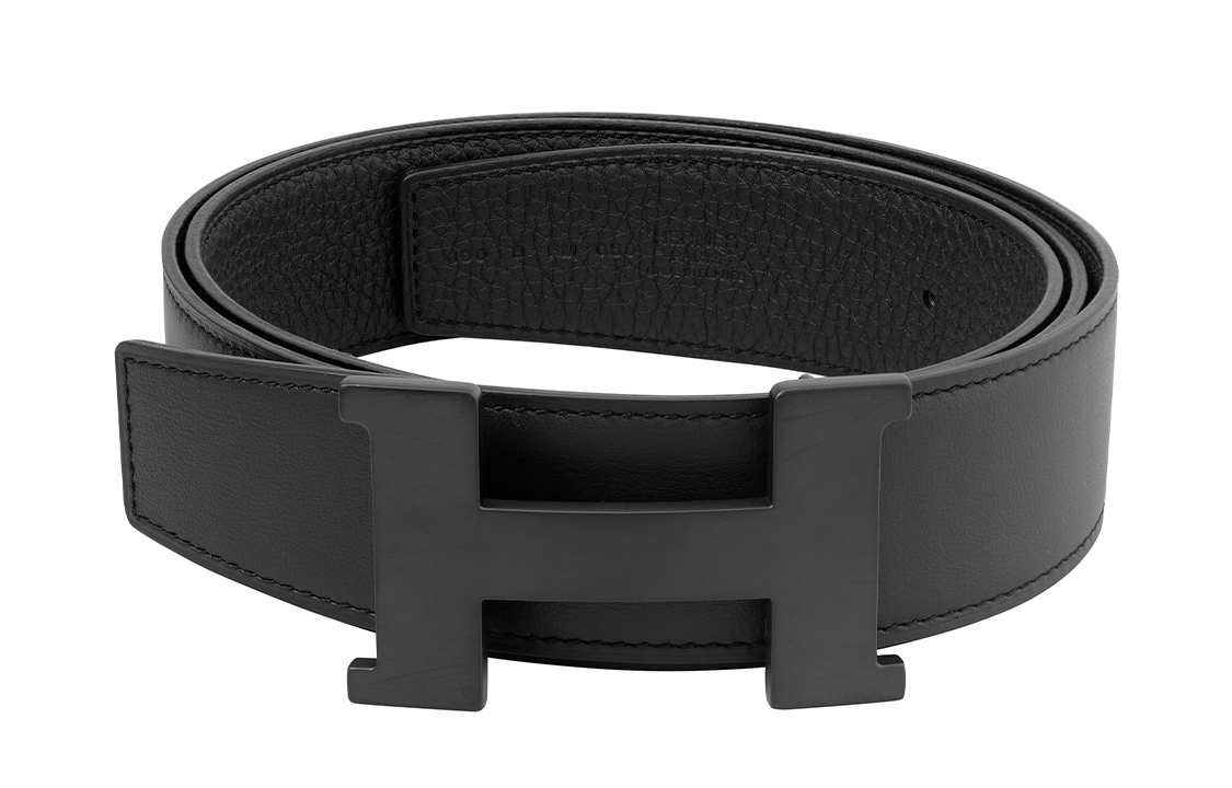 HERMES Calfskin Leather Belts Men's Black Width: 3.8cm