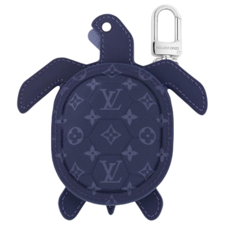 LOUIS VUITTON Leather Paneled Canvas Bag Charm Coin Purse Earphone Case Mini Men Sapphire