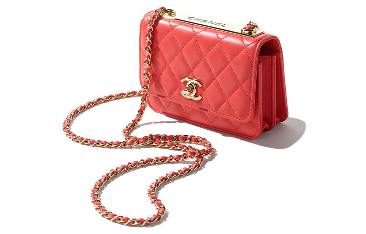 CHANEL Sheepskin One Shoulder Crossbody Clutch Women's Red