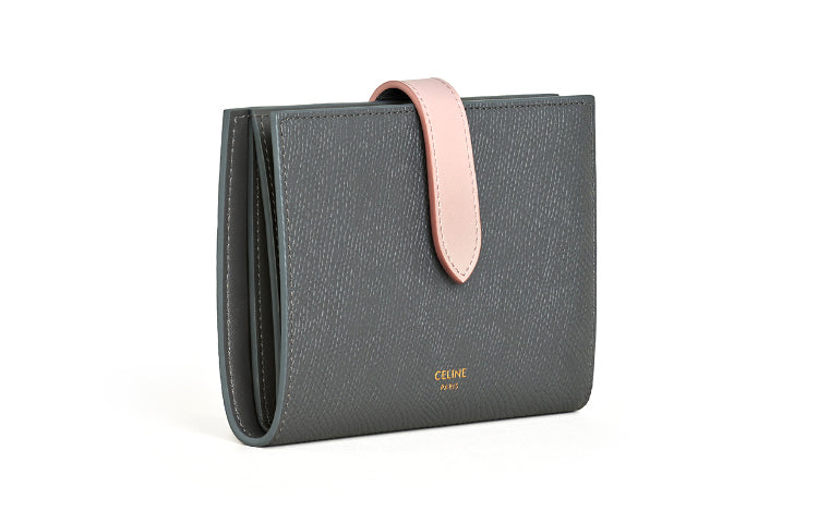 CELINE Grained Calfskin Wallet Medium Size Women's Gray, Pink & Multicolor
