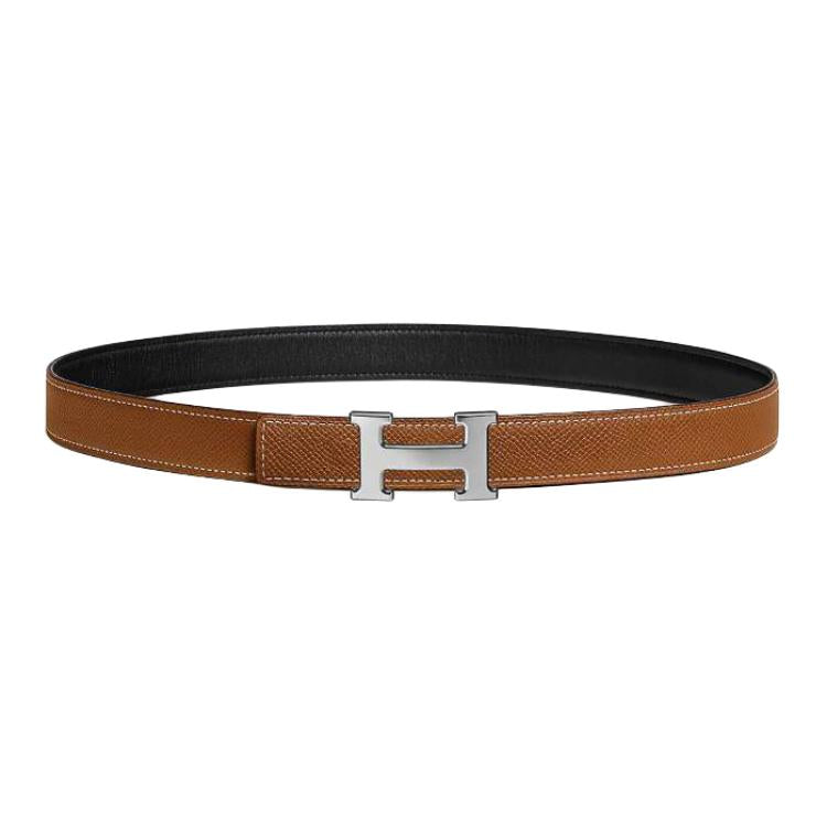 HERMES Palladium Plated Leather Belts Unisex Black/Umber Width 2.4cm
