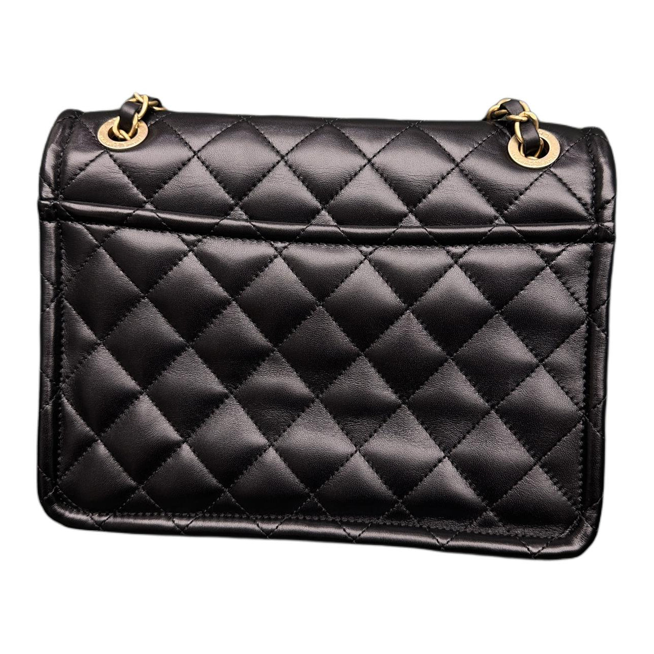 CHANEL Shiny Lambskin With Metal Accents Shoulder Bag Crossbody Bag Medium Size Women's Black